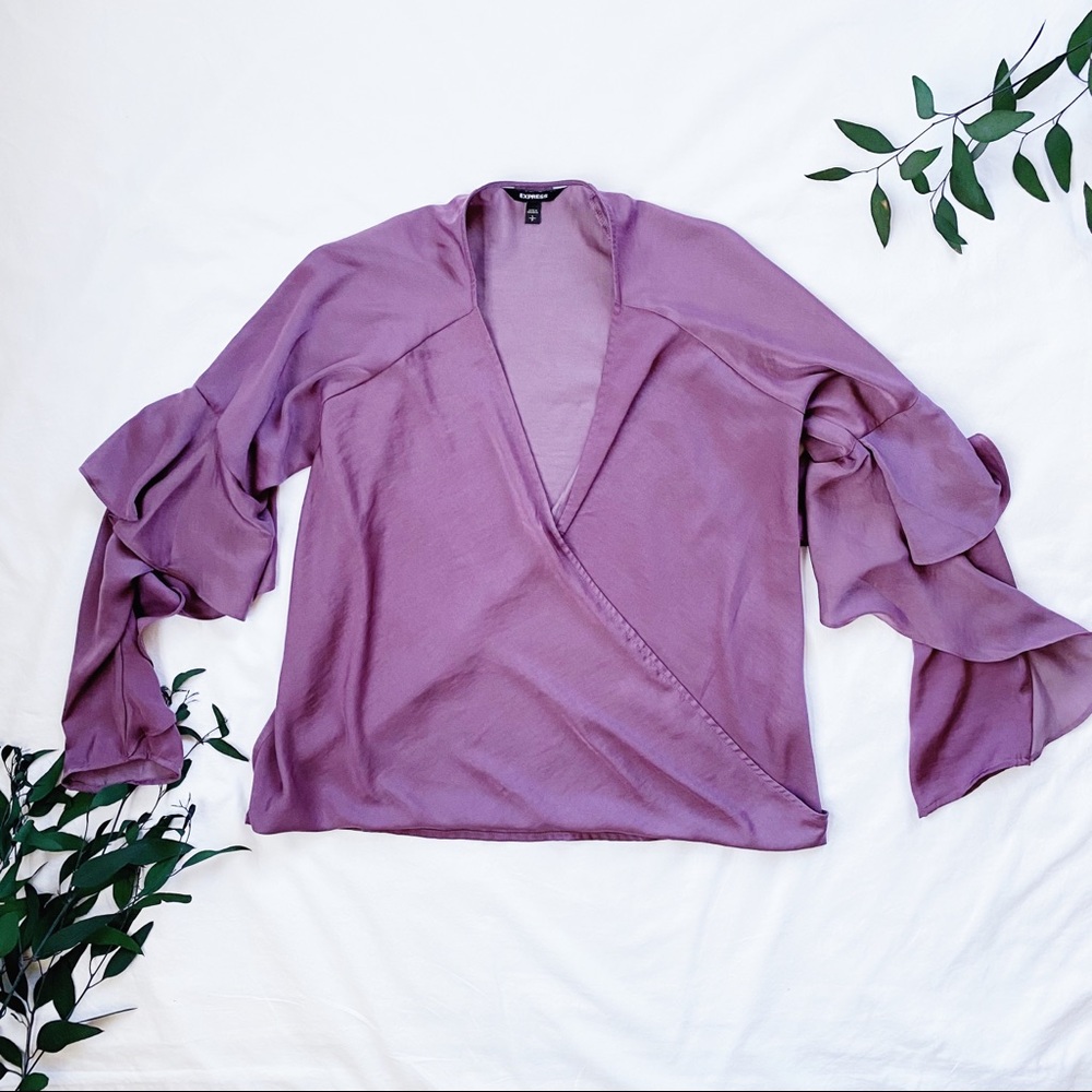 Express Purple Silk-Like Blouse V-Neck Top Faux Ballet Wrap Ruffle Long Sleeve